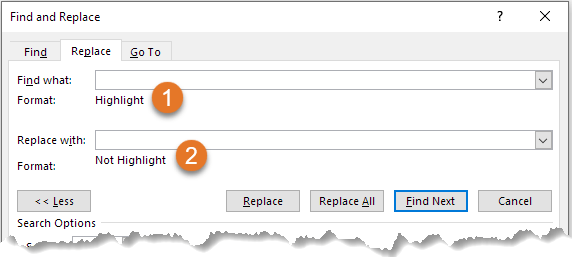 How to remove highlight in Word – Example: You can search for Highlight and replace with Not Highlight