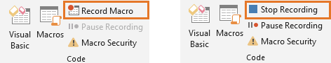 You can start and stop macro recording via the Developer tab in the Ribbon