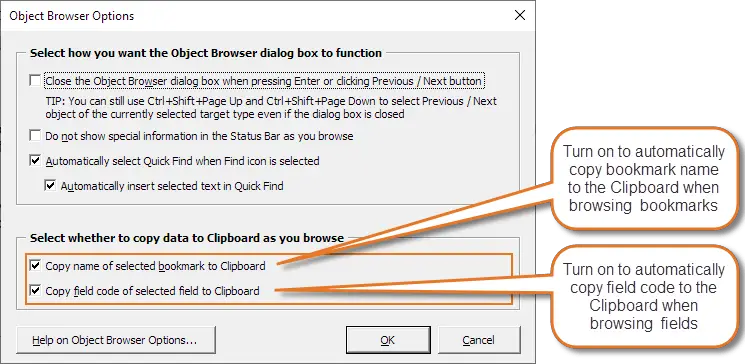 Object Browser Options let you copy field codes and bookmark names to the Clipboard as you browse