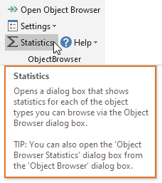 Each object browser command shows help when you hover the mouse over the command