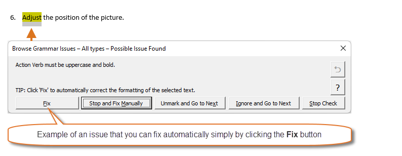 Example of a marked grammar issue you can fix automatically simple by clicking the Fix button