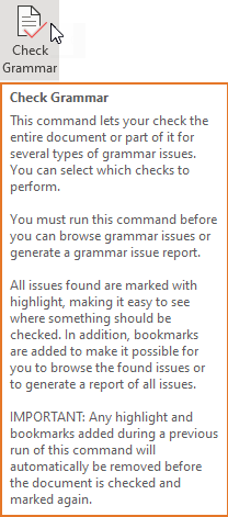Example of help that appears when you hover the mouse over a command – in this case, the Check Grammar command