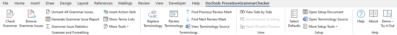 Check safety-critical procedures for human factors – The DocTools ProcedureGrammarChecker tab in the Ribbon