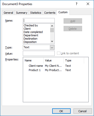 Word document properties – The Custom tab of the Properties dialog box