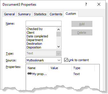 Word document properties – Example of property with Link to content turned on