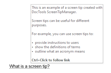 What is a screen tip? Example of screen tip created with DocTools ScreenTipManager