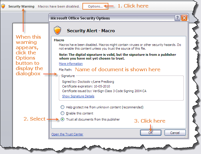 Security settings - example from Word 2007.