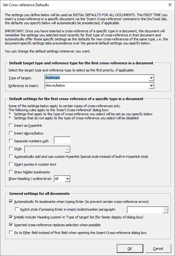 The Set Cross-Reference Defaults dialog box lets you define the initial defaults to use for cross-references in all documents