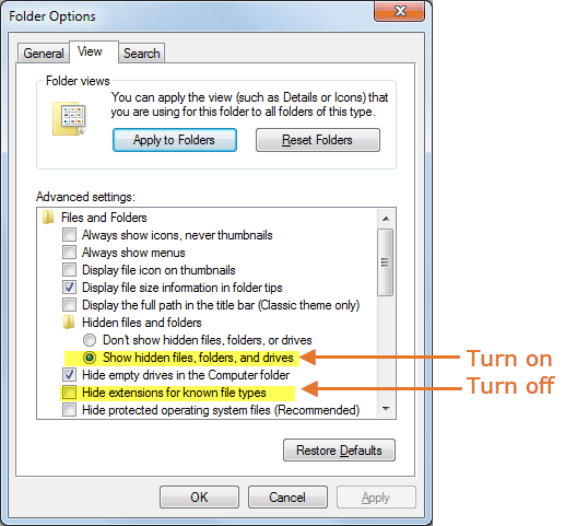 How to turn on hidden filename extensions in Windows