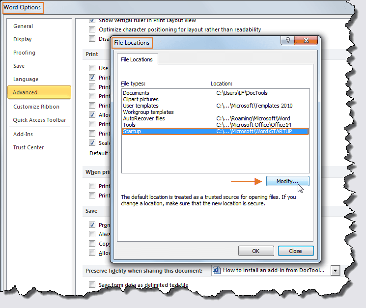 Figure 3. Click Modify to find the full path.