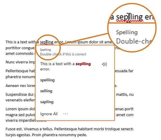 Before stop spelling pop-up: If you left-click in a spelling error, a Spelling pop-up appears