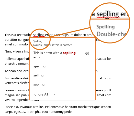 Before stop spelling pop-up: If you left-click in a spelling error, a Spelling pop-up appears