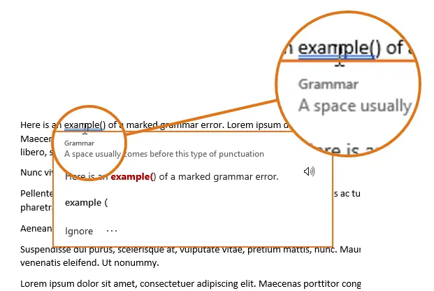 If you left-click in a grammar error, a Grammar pop-up appears