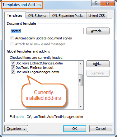 Templates and Add-Ins dialog box