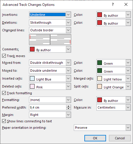 The Advanced Track Changes Options dialog box is missing headings due to too high zoom in Word