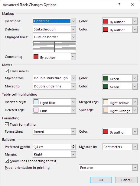 The Advanced Track Changes Options dialog box, here shown with the default settings