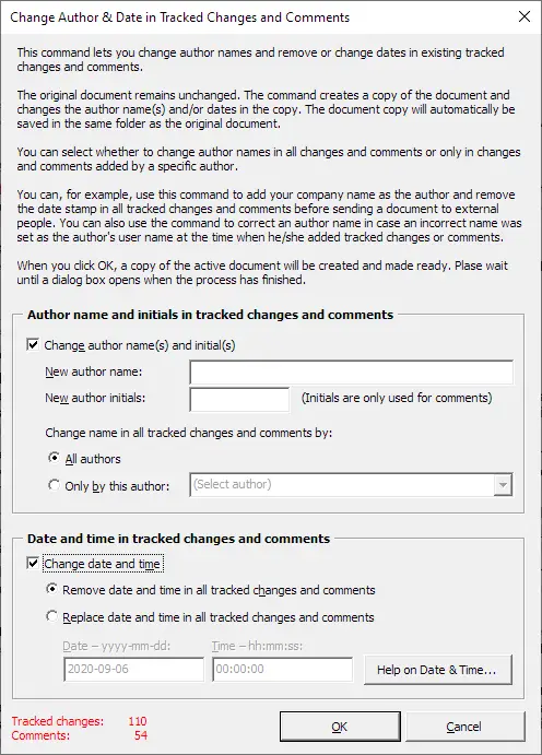 The Change Author & Date in Tracked Changes and comments dialog box