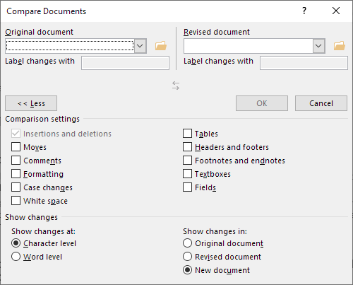 The Compare Documents dialog box with all options shown