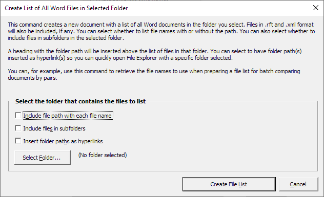 The Create List of All Word Files in Selected Folder dialog box