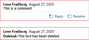 Example of comment and tracked change showing author name and date