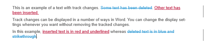 Example of track changes in Word. In this example, inserted text is in red and underlined whereas deleted text is in blue and strikethrough