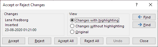 It is still possible to access the old Accept or Reject Changes dialog box. You can assign a keyboard shortcut to the command and/or you can add it to the Quick Access Toolbar (QAT)