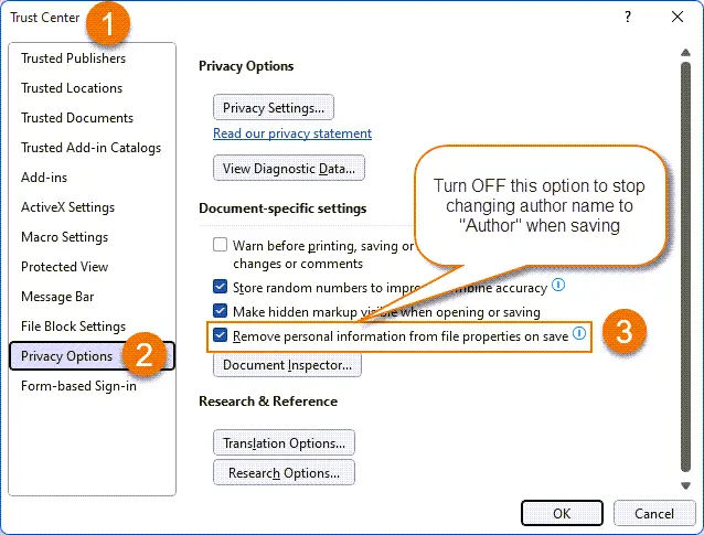 Figure 30. How to turn off Remove personal information from file properties on save via Trust Center