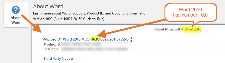 Word version – Word 2016 has number 16.0