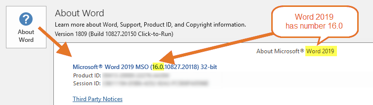 Word version – Word 2019 has number 16.0