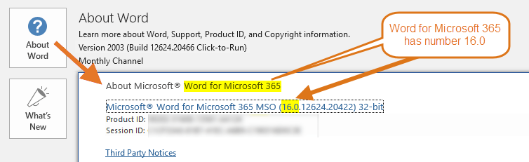 Word version – Word for Microsoft 365 has number 16.0