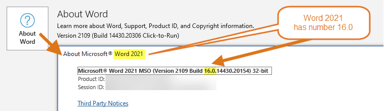 Word 2021 has number 16.0