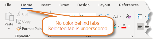 Word version – Word 2021 and Word for Microsoft 365 – no color behind tabs – selected tab is underscored