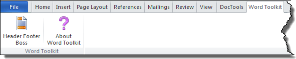 Word Toolkit tab in the Ribbon with the Header Footer Boss command